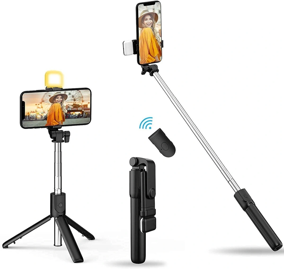 Selfie Stick with LED Fill Light, Phone Tripod Stand with Detachable Bluetooth Wireless Remote Compatible